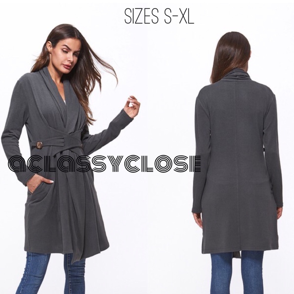 Available in S-M-L-XL: Smoky Gray Shawl Sweater